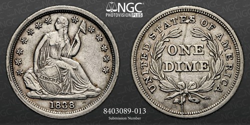 1838 10c dime seduto - 1838, f-103b